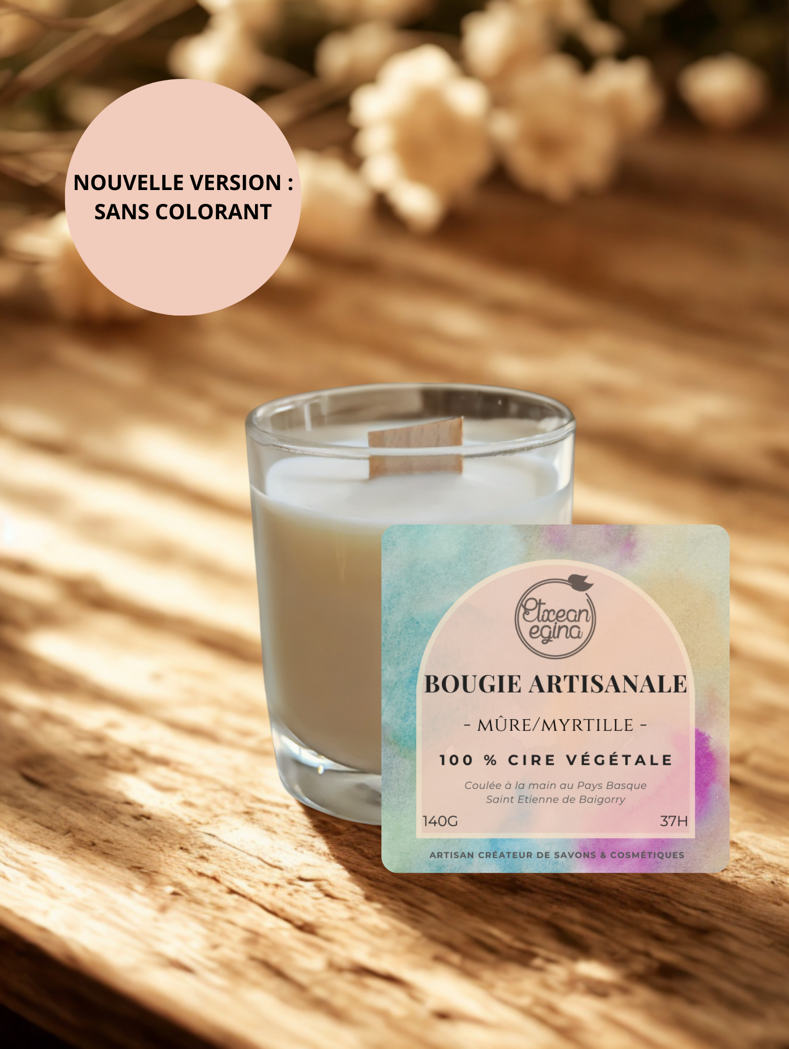 Bougie végétale parfumée mure myrtille. fabrication artisanale au pays basque. etxean egina