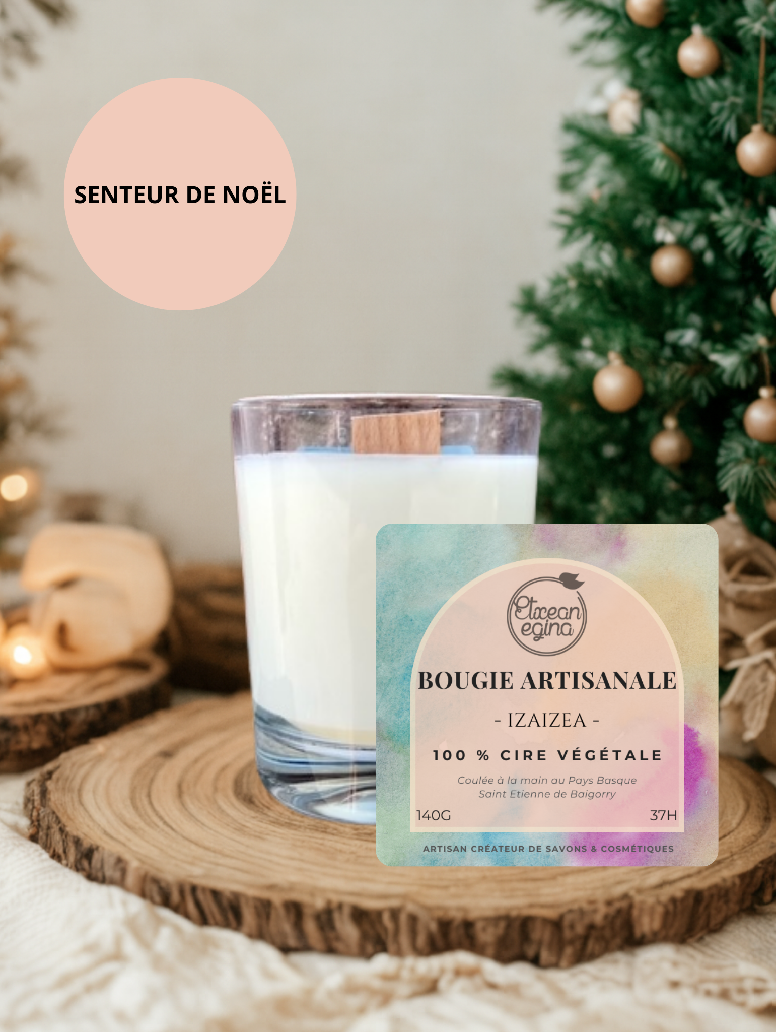 Bougievégétale parfumée senteur de noel Izaizea. savonnerie etxean egina st etienne de baigorry